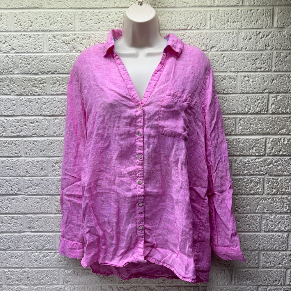 SIGRID OLSEN L Pink Linen Long Sleeve Mother of Pearl Button Collar Pocket • VG‼